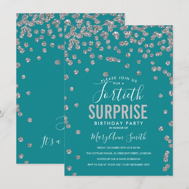 40th Surprise Birthday Silver Teal Invitation (Front/Back)