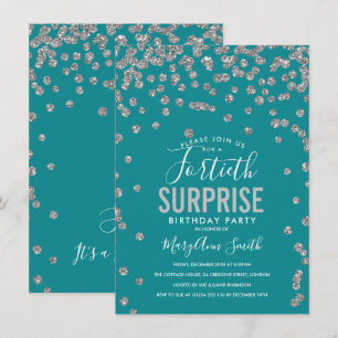 40th Surprise Birthday Silver Teal Invitation