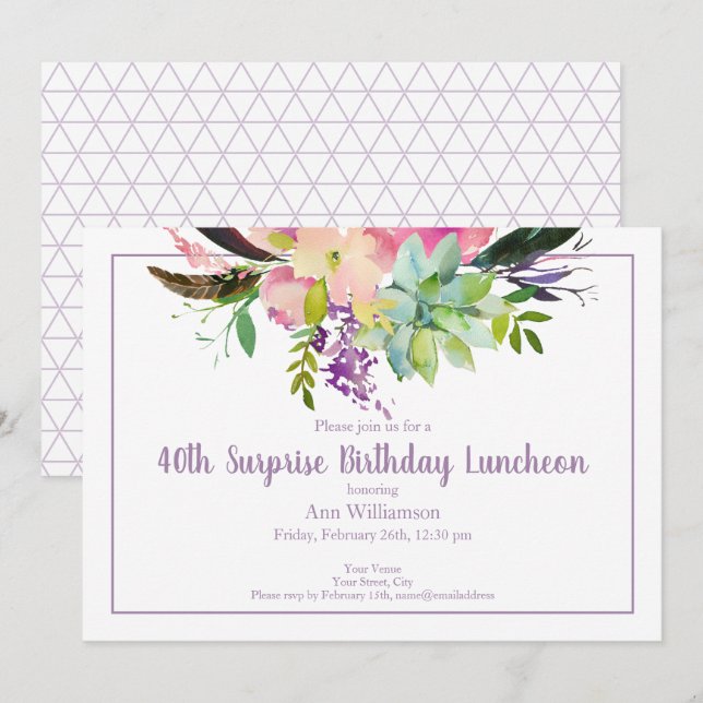 40th Surprise  Flower Succulent Birthday Invitation (Front/Back)