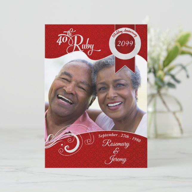 40th Vibrant Ruby Red Damask Custom Photo Invitation (Standing Front)