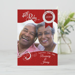 40th Vibrant Ruby Red Damask Custom Photo Invitation