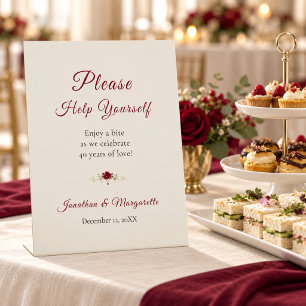 40th Wedding Anniversary Burgundy Rose Food Table Pedestal Sign