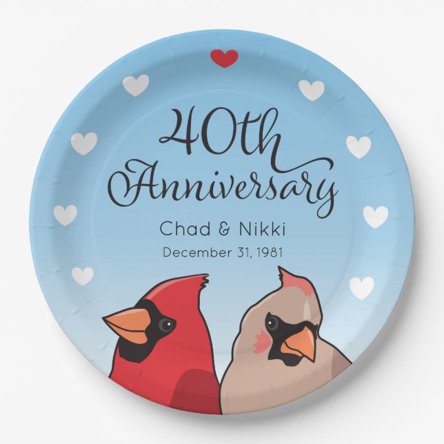 40th Wedding Anniversary, Cardinal Pair Paper Plate (Front)