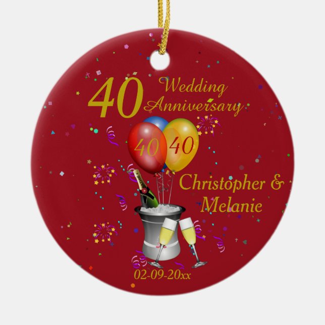  40th Wedding Anniversary Celebration Bubbly  Ceramic Tree Decoration (Front)