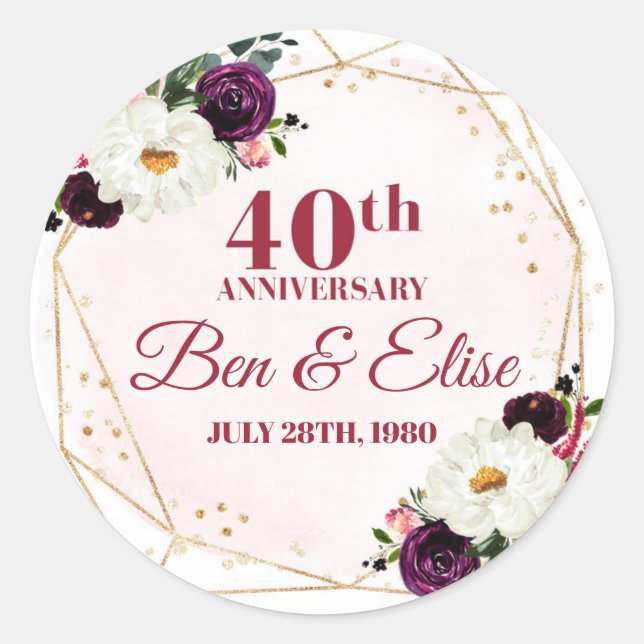 40th Wedding Anniversary Custom Ruby Anniversary  Classic Round Sticker (Front)
