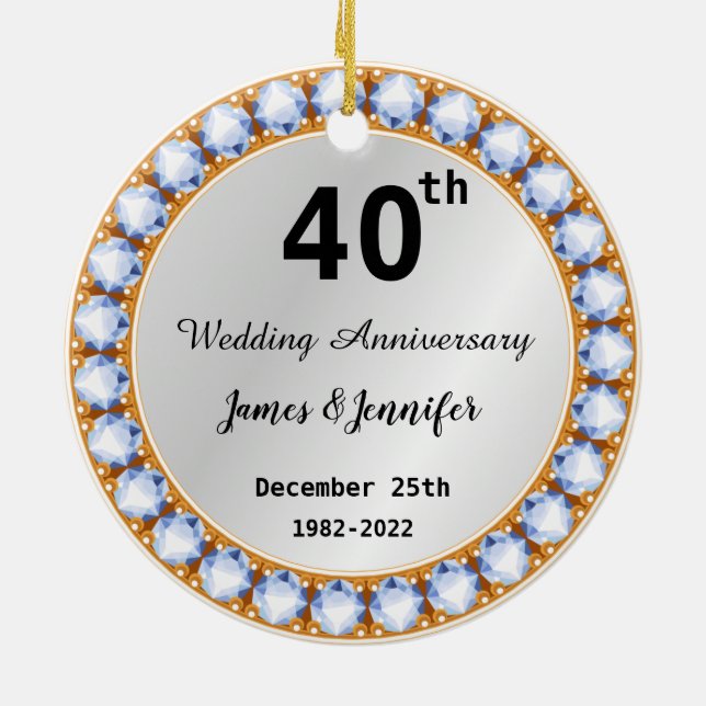 40th Wedding Anniversary diamond Custom Names  Ceramic Tree Decoration (Back)