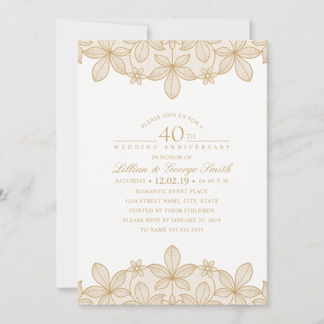 40th Wedding Anniversary Elegant Golden Lace Invitation (Front)