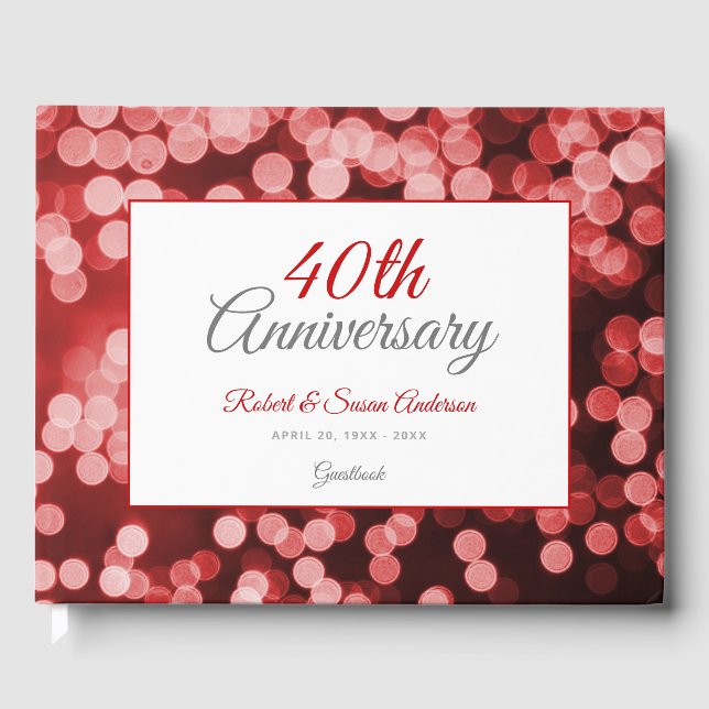 40th Wedding Anniversary | Elegant Red Bokeh Guest Book (Front)