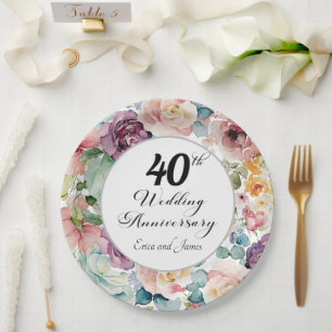 40th Wedding Anniversary Elegant Script Floral Paper Plate