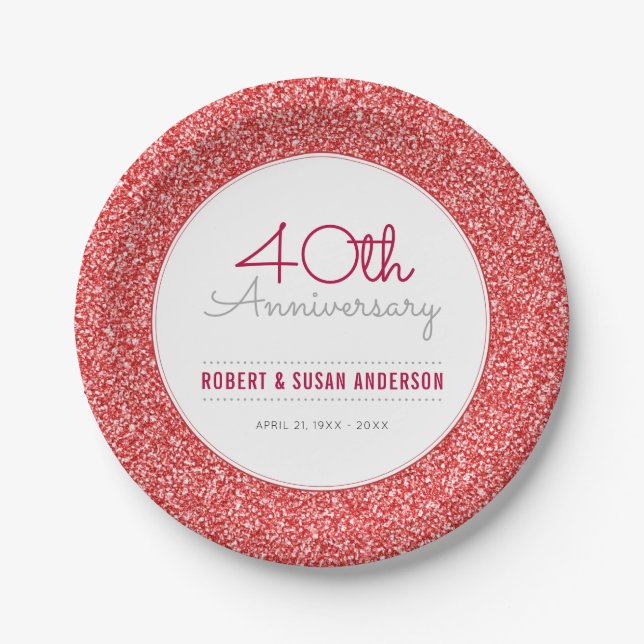 40th Wedding Anniversary Faux Red Glitter Paper Plate (Front)