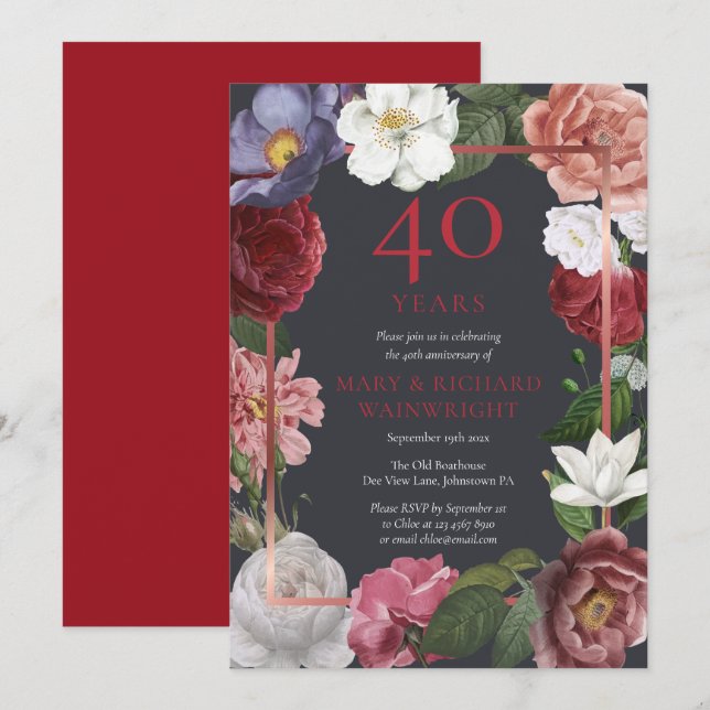 40th Wedding Anniversary Floral Rose Chic Ruby Invitation (Front/Back)