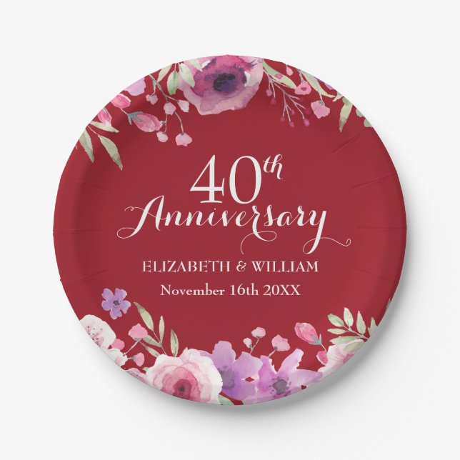 40th Wedding Anniversary Flowers Chic Ruby Paper Plate (Front)