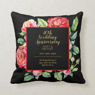 40th Wedding Anniversary Gift - Ruby Red Roses Cushion