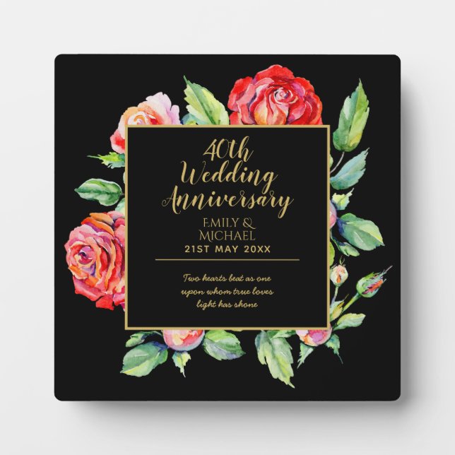 40th Wedding Anniversary Gift - Ruby Red Roses Plaque (Front)