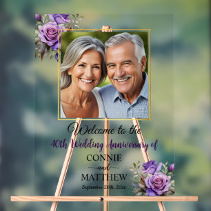 40th Wedding Anniversary Gold Frame Purple Roses Acrylic Sign