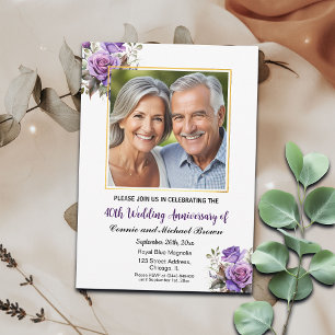 40th Wedding Anniversary Gold Frame Purple Roses Invitation
