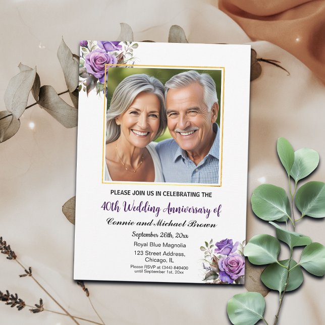 40th Wedding Anniversary Gold Frame Purple Roses Invitation (Creator Uploaded)