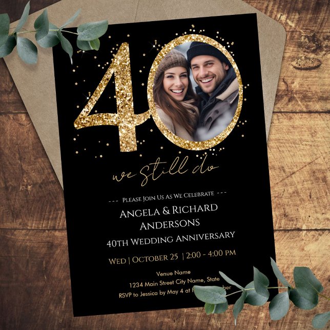 40th Wedding Anniversary Gold Glitter Photo Invitation (Creator Uploaded)