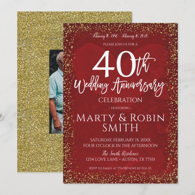 40th Wedding Anniversary Gold Glitter Ruby Red Invitation (Front/Back)