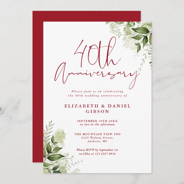 40th Wedding Anniversary Greenery Ruby Script Invitation (Front/Back)