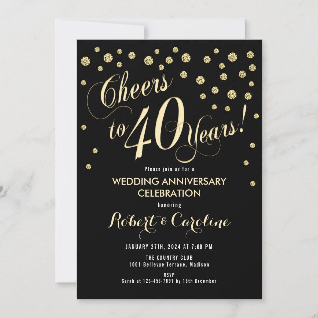 40th Wedding Anniversary Invitation - Black & Gold (Front)