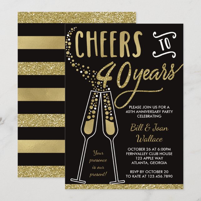40th Wedding Anniversary Invitation, Faux Glitter Invitation (Front/Back)