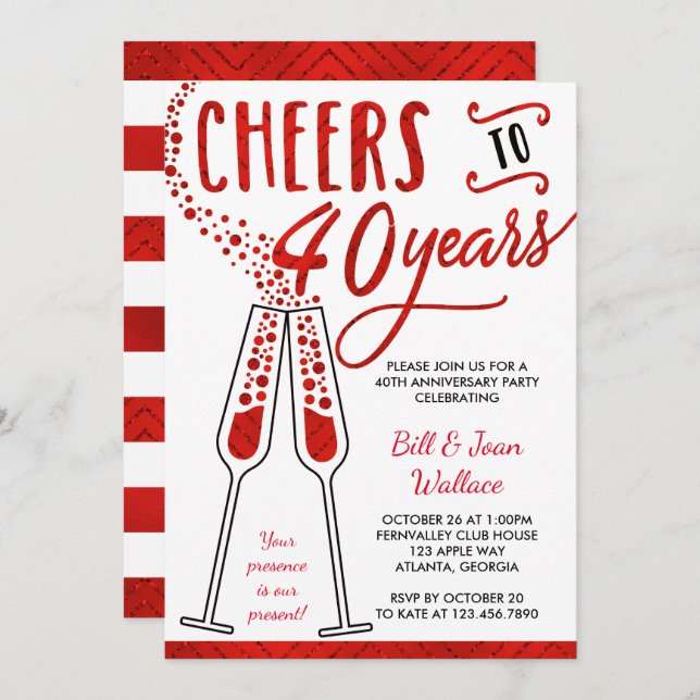 40th Wedding Anniversary Invitation, Faux Glitter Invitation (Front/Back)