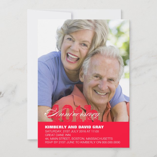40th Wedding Anniversary Invitation in Red (Front)