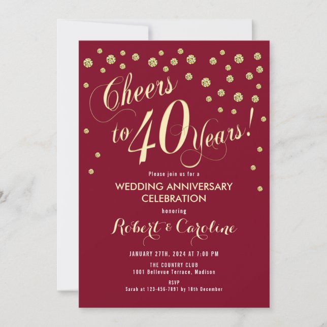 40th Wedding Anniversary Invitation - Red & Gold (Front)