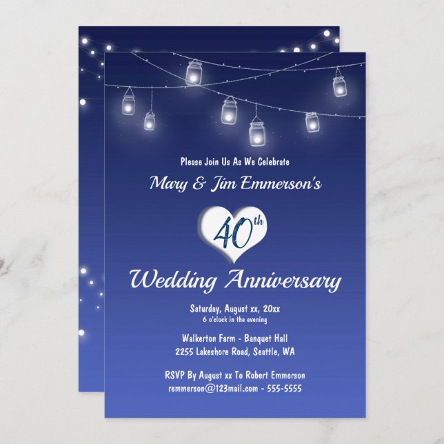 40th Wedding Anniversary Invitation -String Lights (Front/Back)