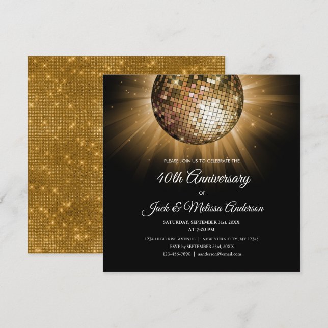 40th Wedding Anniversary Party Gold Disco Ball Invitation (Front/Back)