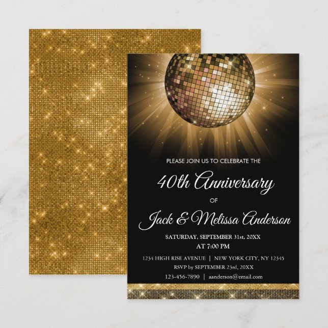 40th Wedding Anniversary Party Gold Disco Ball Invitation (Front/Back)