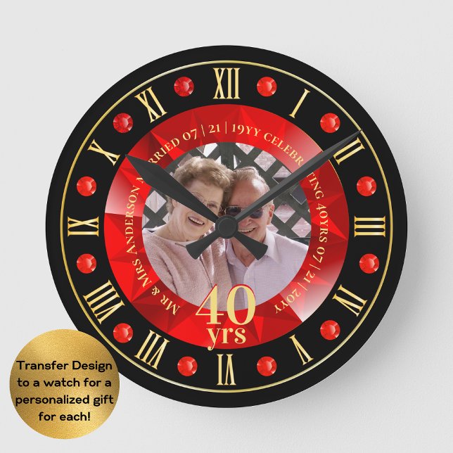 40th Wedding Anniversary PHOTO Gift Ruby Red Round Clock (Creator Uploaded)