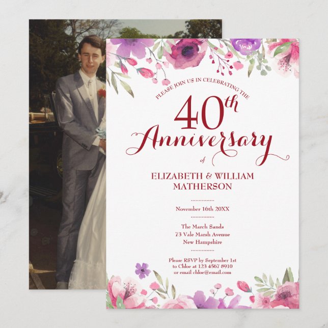 40th Wedding Anniversary Photo Watercolor Roses Invitation (Front/Back)