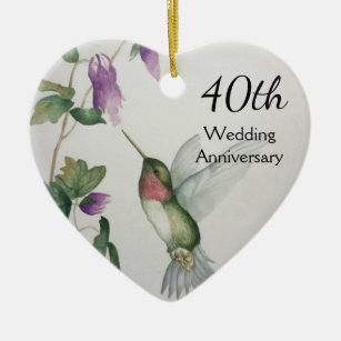 40th Wedding Anniversary Pretty Bird Flowers Heart Ceramic Tree Decoration