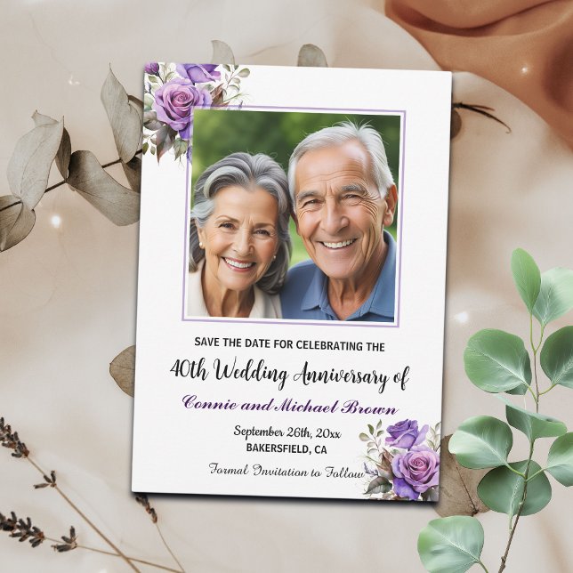 40th Wedding Anniversary Purple Roses Photo Save The Date (Creator Uploaded)