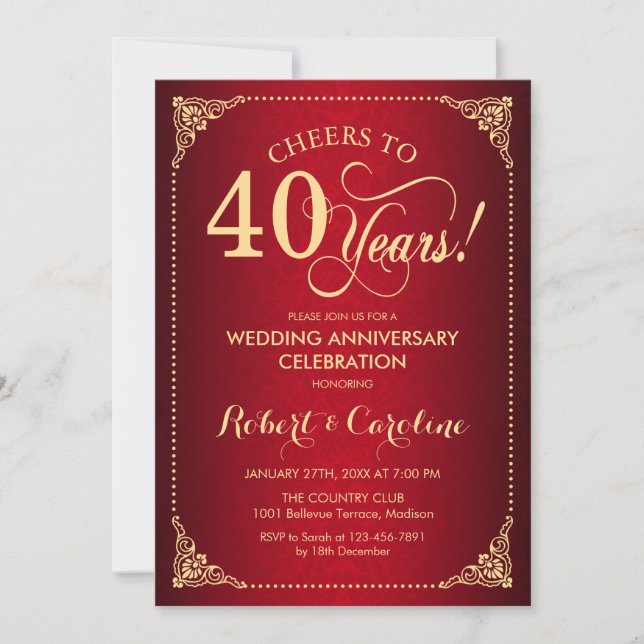 40th Wedding Anniversary - Red Gold Damask Invitation (Front)
