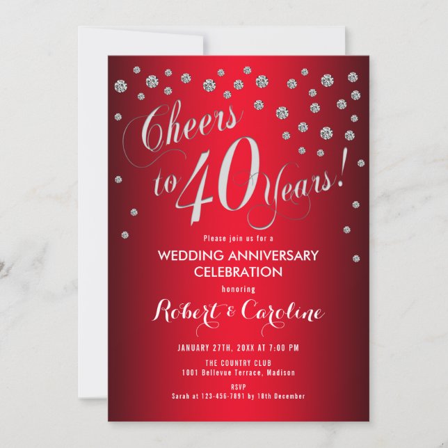 40th Wedding Anniversary - Red & Silver Invitation (Front)