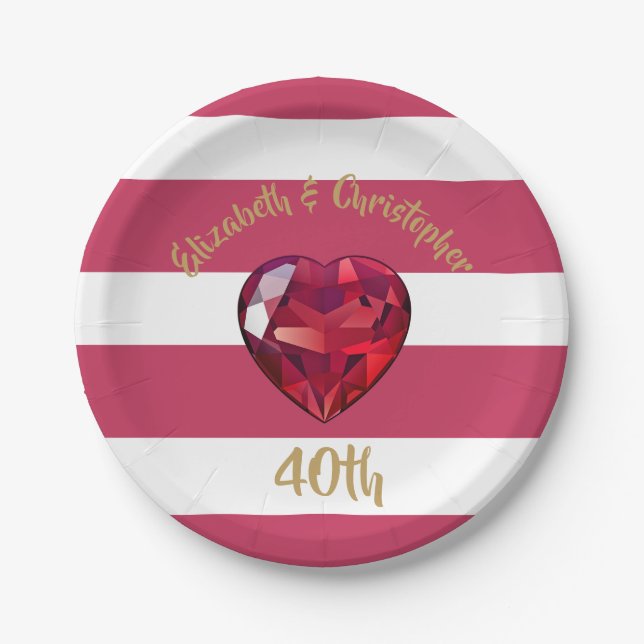 40th Wedding Anniversary Red Striped Elegant Paper Plate (Front)
