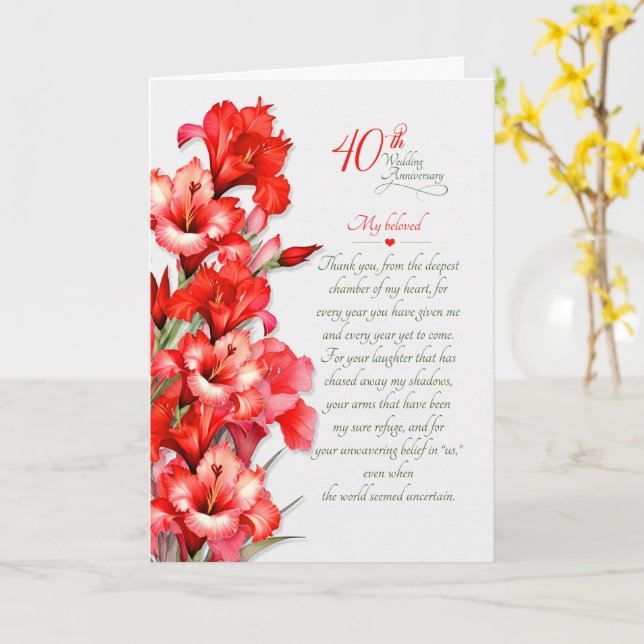 40th Wedding Anniversary Romantic Red Gladiolus Card (Yellow Flower)