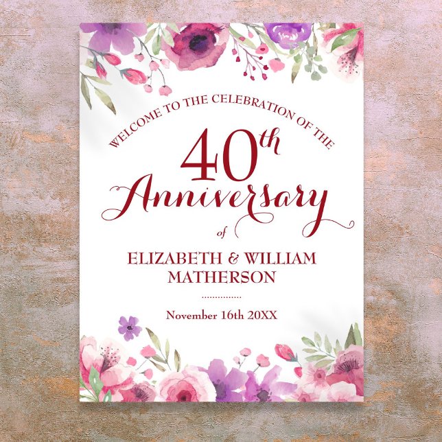 40th Wedding Anniversary Roses Floral Welcome Sign (40th Wedding Anniversary Roses Floral Welcome Sign)