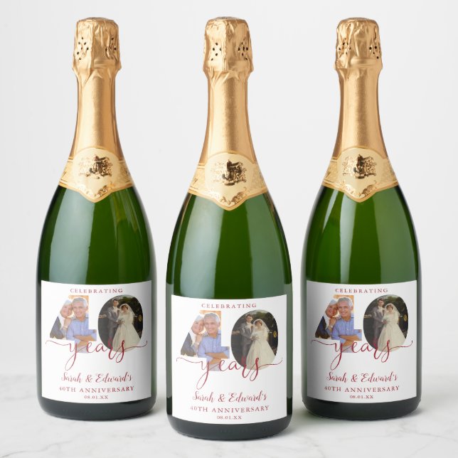 40th Wedding Anniversary Ruby 2 Photo Sparkling Wine Label (Bottles)