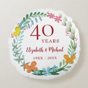 40th Wedding Anniversary Ruby Floral Butterfly Round Cushion