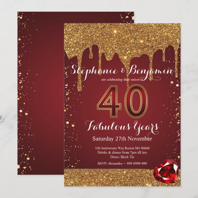 40th Wedding Anniversary Ruby Gold Glitter Drips Invitation (Front/Back)