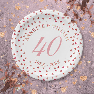 40th Wedding Anniversary Ruby Hearts Confetti Paper Plate