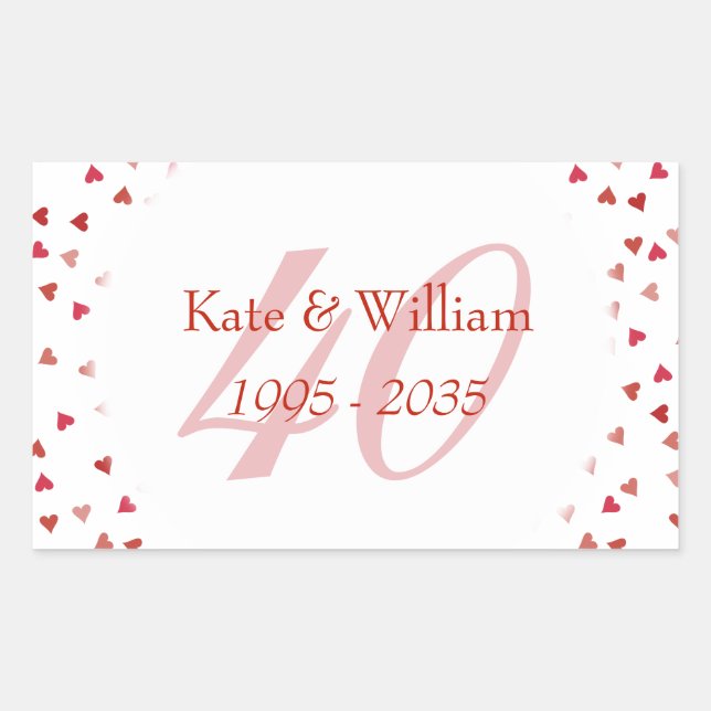 40th Wedding Anniversary Ruby Hearts Confetti Rectangular Sticker (Front)