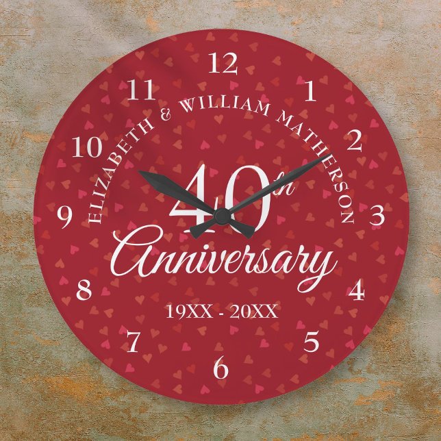 40th Wedding Anniversary Ruby Hearts Large Clock (40th Wedding Anniversary Ruby Hearts Large Clock)
