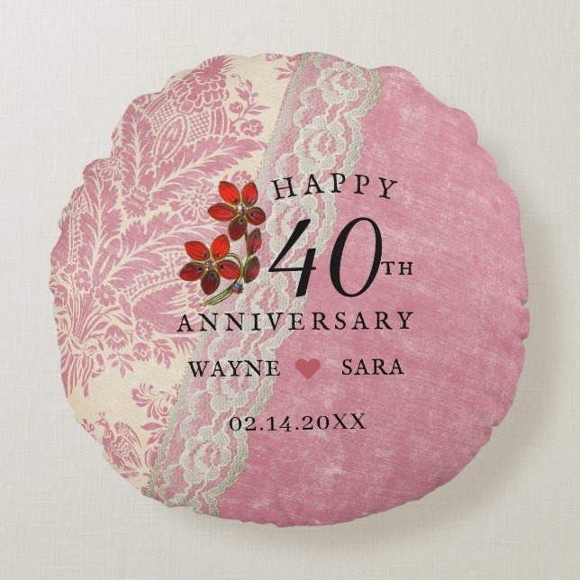 40th Wedding Anniversary Ruby Jewel Round Cushion (Front)