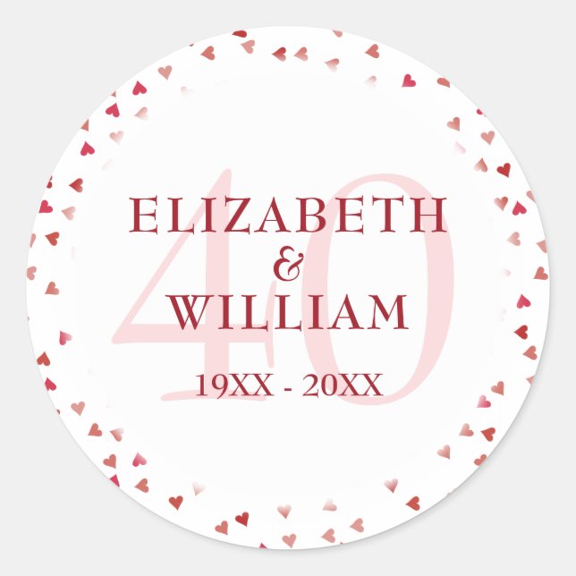 40th Wedding Anniversary Ruby Love Hearts Confetti Classic Round Sticker (Front)