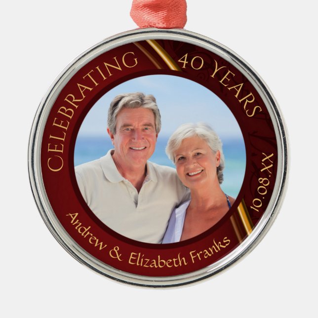 40th Wedding Anniversary Ruby Photo Metal Tree Decoration (Front)